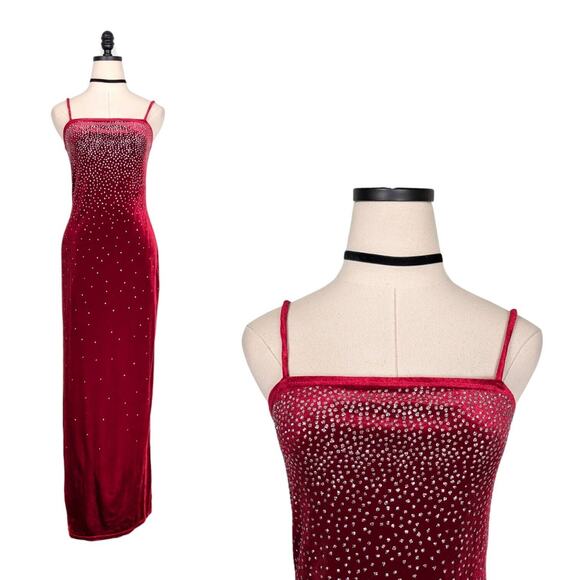 Vintage Velvet Maxi Dress Slip 90s Y2K Prom Party Glitter Slit Stretch Red 6 - Picture 1 of 9